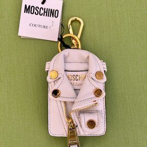 NWT MOSCHINO COUTURE BIKER JACKET BAG CHARM KEY FOB COIN PURSE WHITE LEATHER